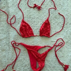 Red Eyelet Bikini Set